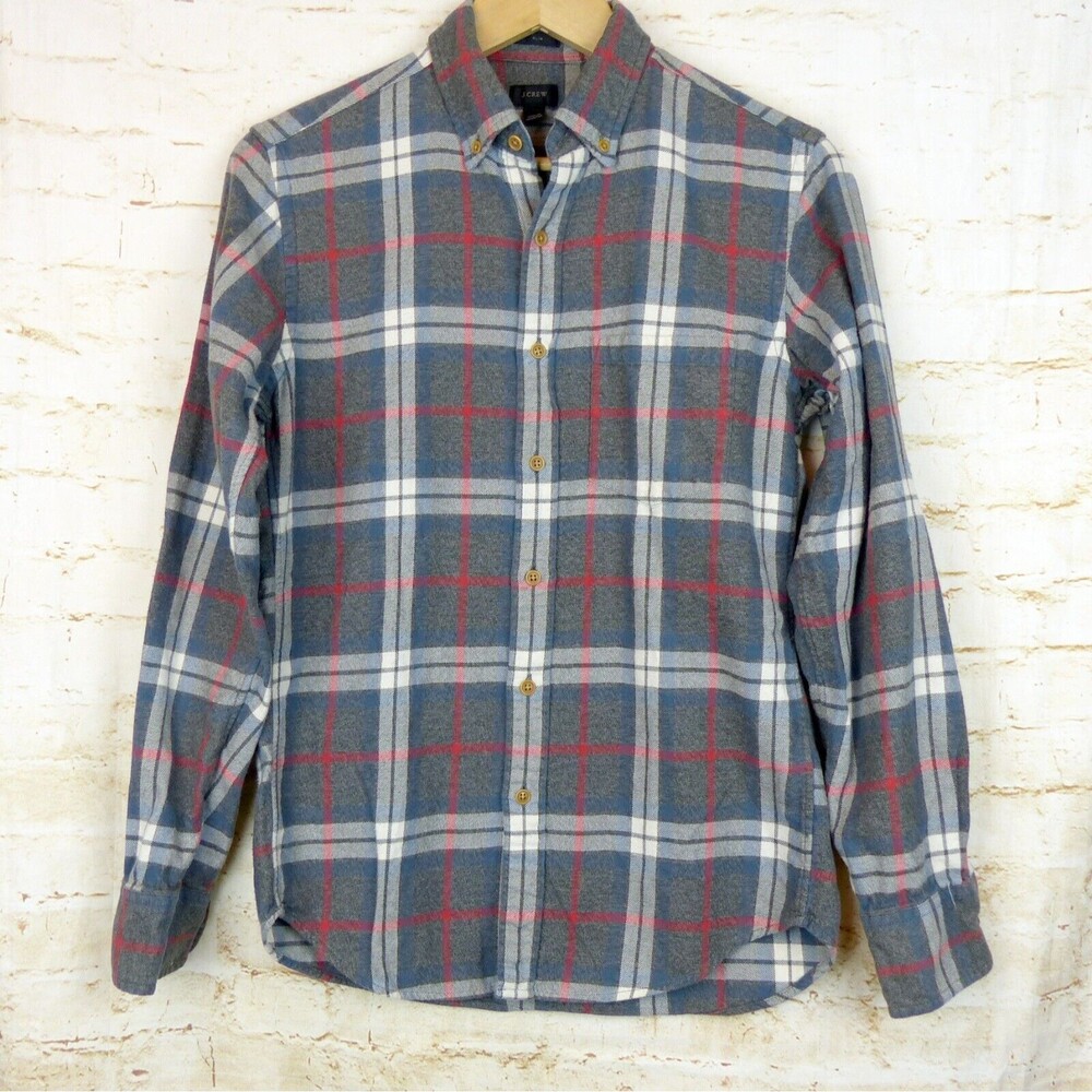 J.Crew Shirt Mens S Slim Gray Red Plaid Brushed Twill Flannel Button LS Preppy